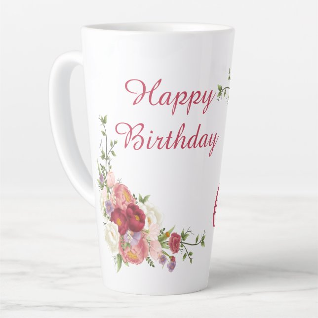 Pink White Peony Flower Happy Birthday Number  Latte Mug (Left Angle)