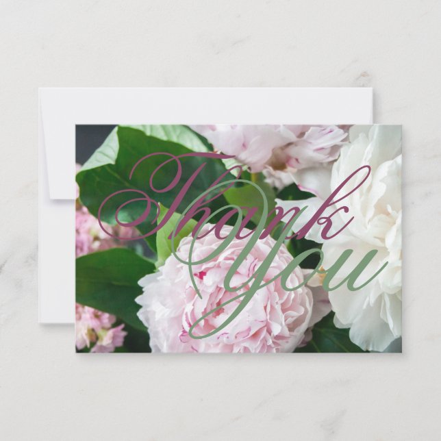 Pink White Peony Full Bloom Greenery Wedding Thank You Card (Front)