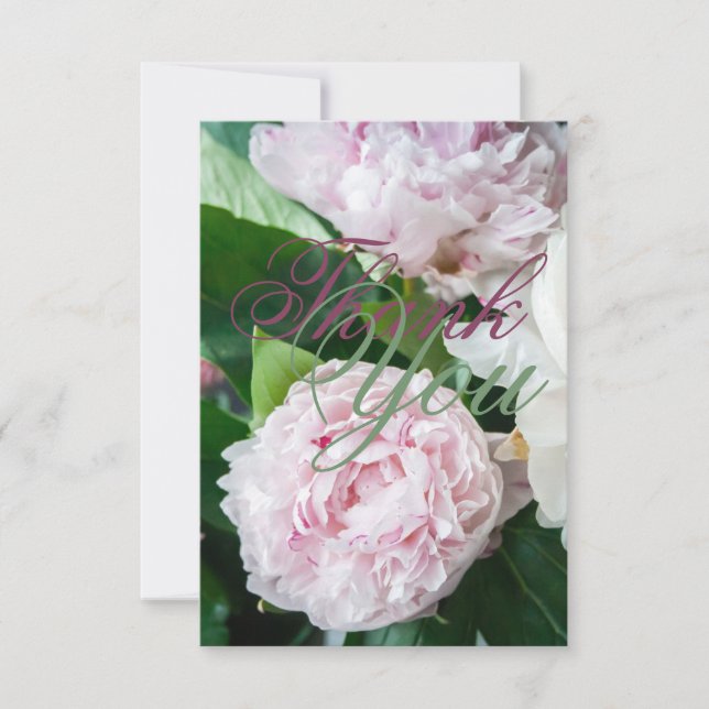 Pink White Peony Full Bloom Greenery Wedding Thank You Card (Front)