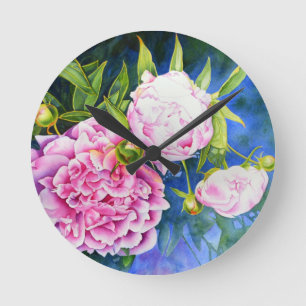 Pink white peony painting   romantic floral round clock