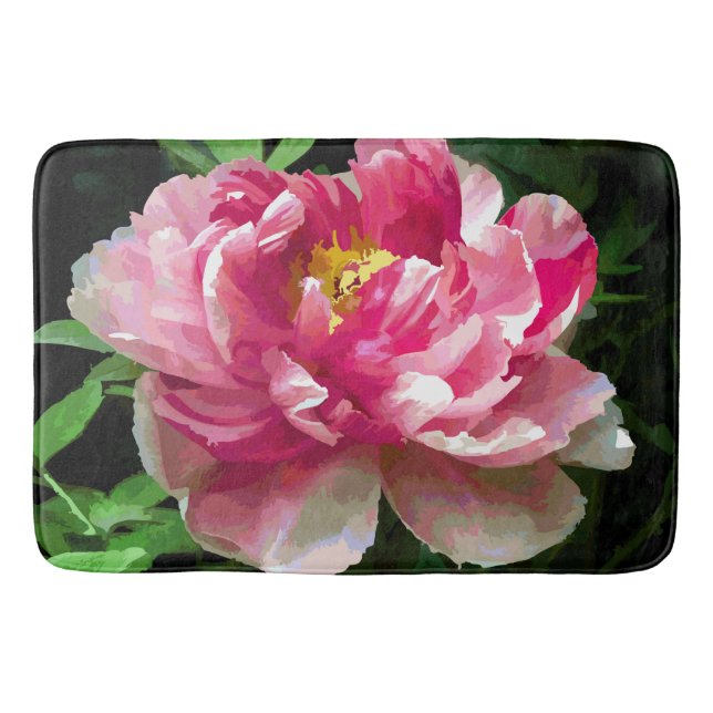Pink White Peony Watercolor Fine Floral Bath Mat (Front)
