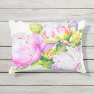 Pink white Peony watercolor painting Outdoor Cushion