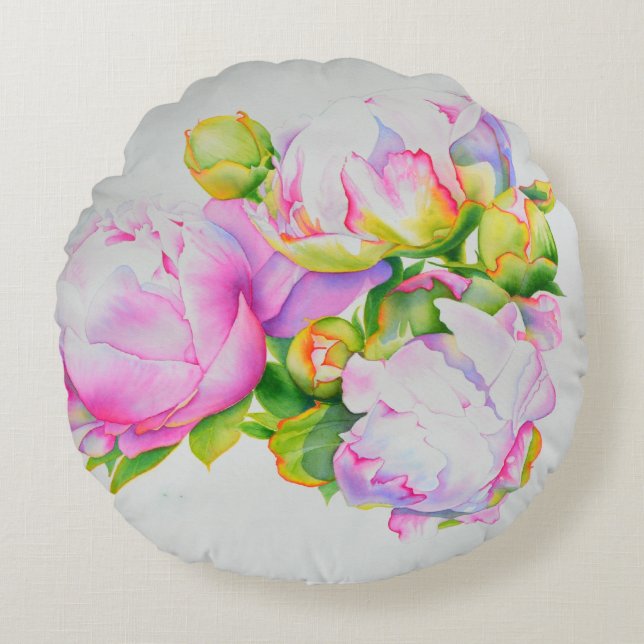 Pink white Peony watercolor painting  Round Cushion (Front)