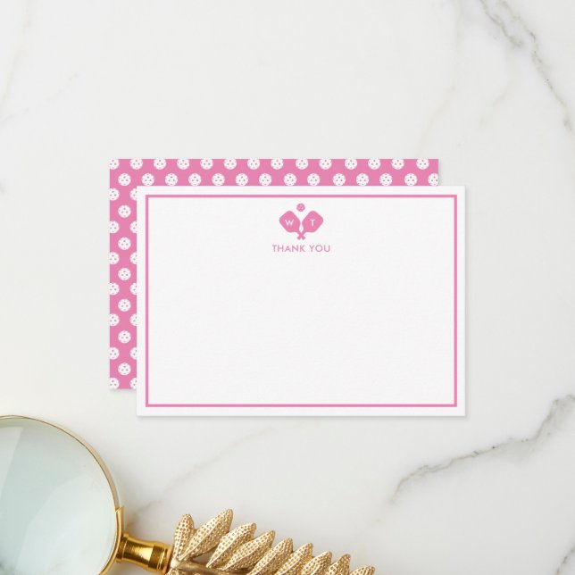 Pink White Personalised Monogram Pickleball  Thank You Card (Front/Back In Situ)
