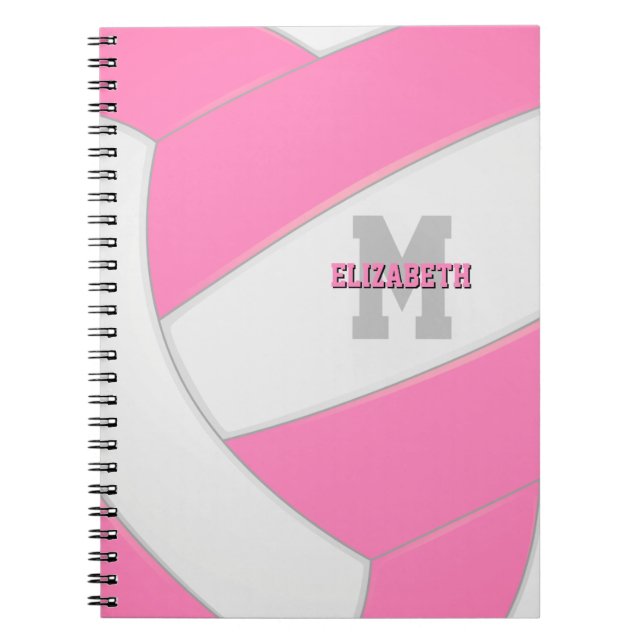 pink white personalized girls volleyball notebook (Front)