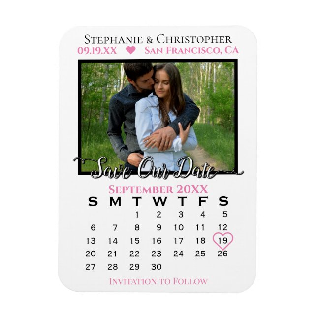 Pink & White Photo Calendar Save Our Date Wedding Magnet (Vertical)
