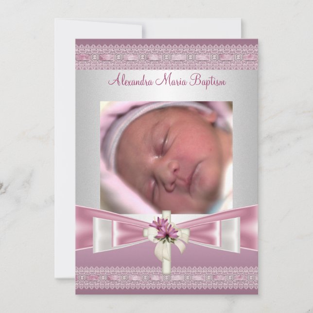 Pink White Photo Cross Baptism Christening Invitation (Front)