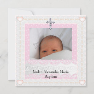 Pink White Photo Frame Jewel Cross Baptism Invitation