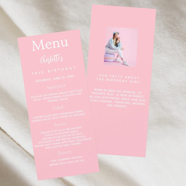 Pink white photo fun facts birthday menu card (Creator Uploaded)