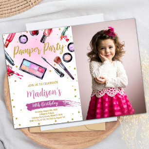 Pink White Photo Pamper Party Birthday Invitations
