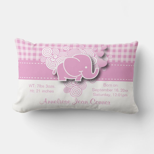 Pink & White Plaid Baby Elephant Birth Lumbar Cushion (Front)