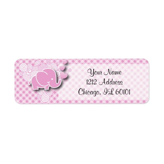 Pink & White Plaid Baby Elephant Return Address Label