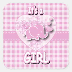 Pink & White Plaid Baby Elephant Square Sticker