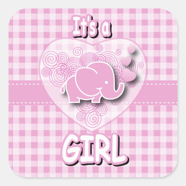 Pink & White Plaid Baby Elephant Square Sticker (Front)