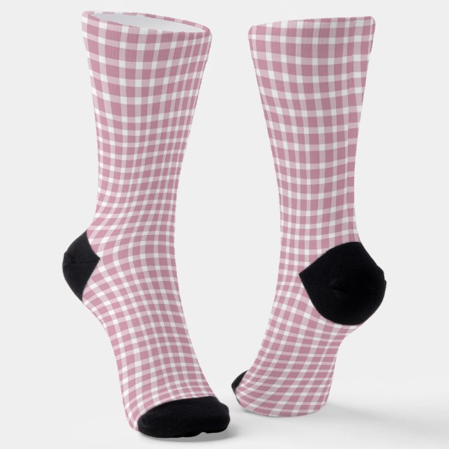 Pink White Plaid Checker Seamless Pattern Socks (Angled)
