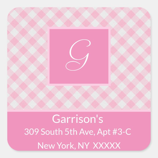 Pink & White Plaid Return Address - Square Sticker (Front)