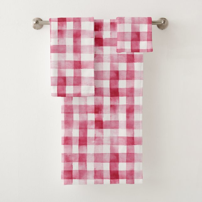 Pink White Plaid Stripes Birthday Bath Towel Set (Insitu)