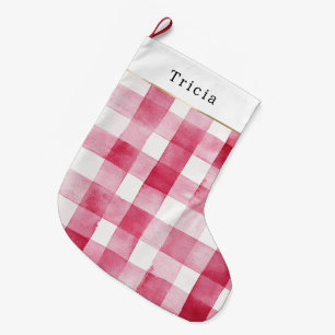 Pink White Plaid Stripes Christmas Large Christmas Stocking
