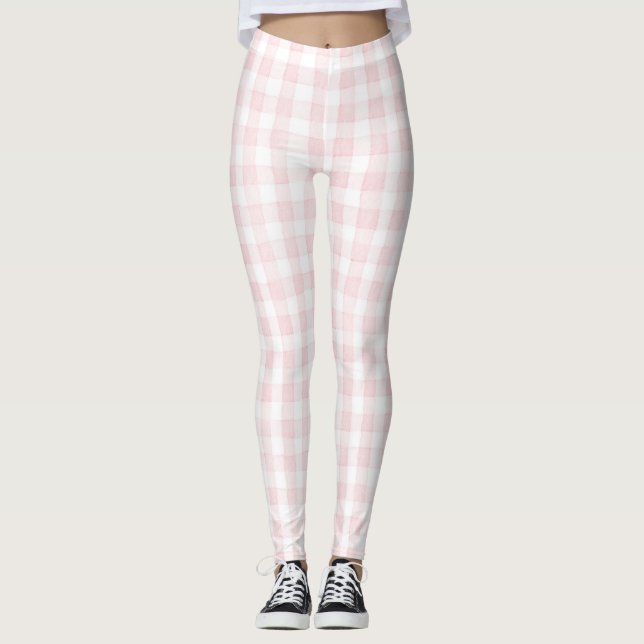 Pink White Plaid Stripes Leggings (Front)