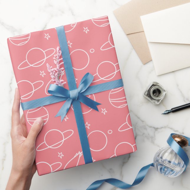 Pink White Planets Asteroid Pattern Birthday Wrapping Paper (Gifting)