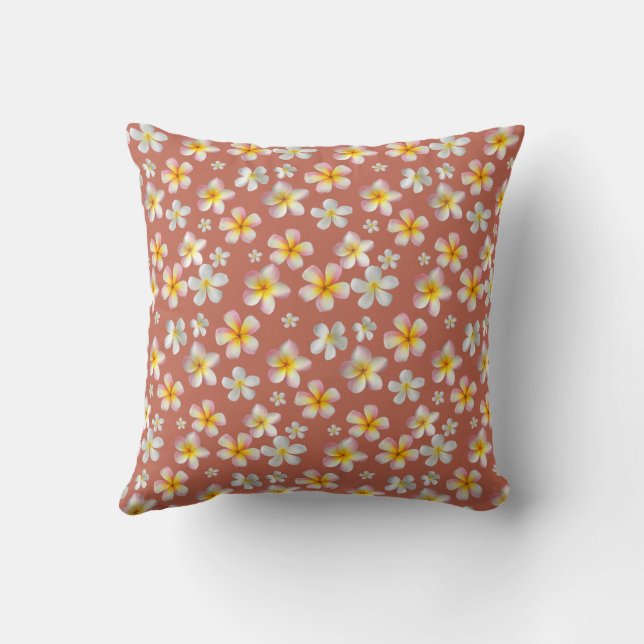 Pink & White Plumeria Flowers on Apple Cider Colou Cushion (Back)