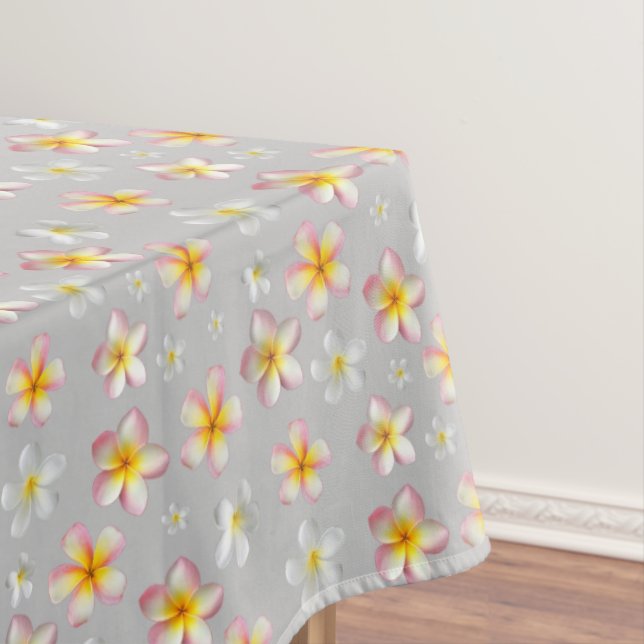 Pink & White Plumeria Flowers on Light Grey Tablecloth (In Situ)