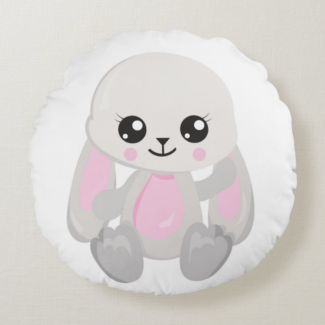 PINK & WHITE PLUSH BUNNIES ROUND CUSHION (Front)