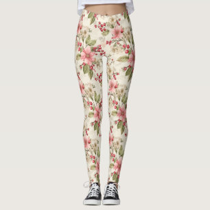 Pink, White Poinsettias, Greenery and Red Berries Leggings