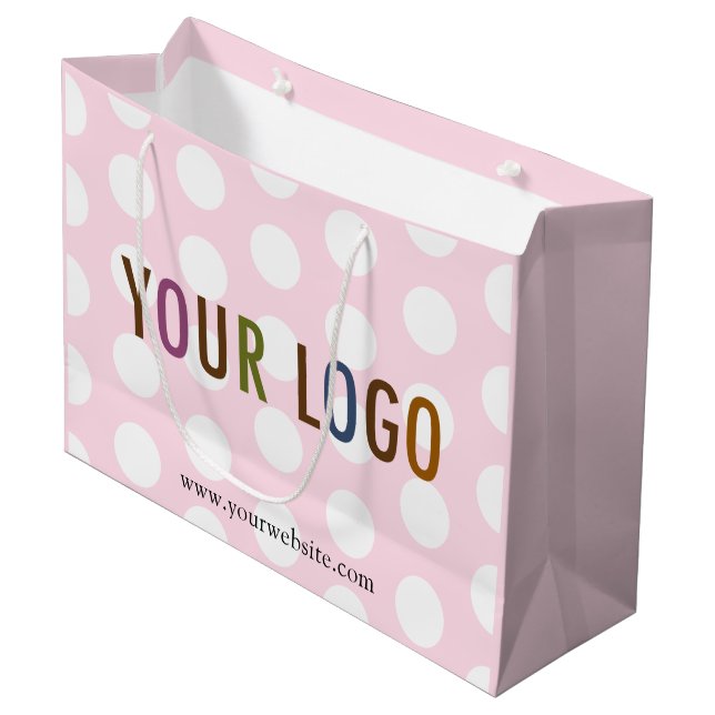 Pink & White Polka Dot Gift Bag with Business Logo (Front Angled)