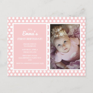 Pink White Polka Dot Girl Birthday Party Invite Postcard