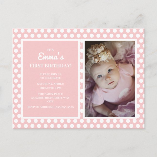 Pink White Polka Dot Girl Birthday Party Invite Postcard (Front)