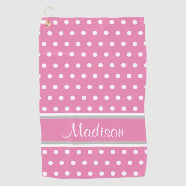 Pink White Polka Dot Grey Stripe Script Name Golf Towel (Front)