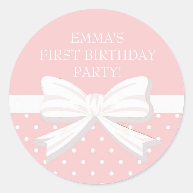 Pink White Polka Dot Little Girl First Birthday Classic Round Sticker (Front)