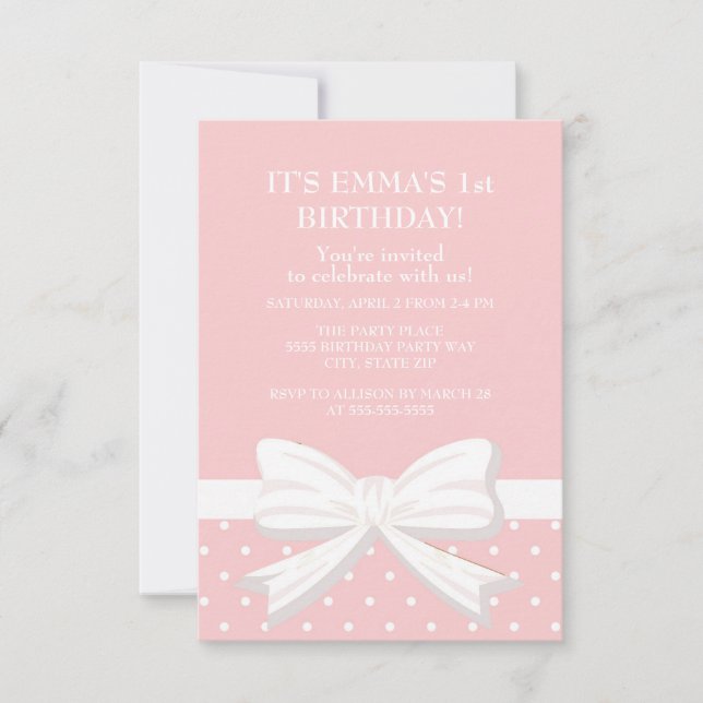 Pink White Polka Dot Little Girl First Birthday Invitation (Front)