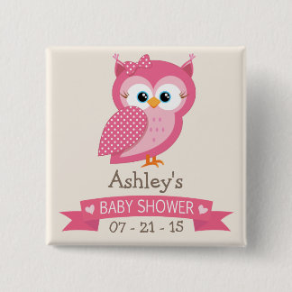 Pink & White Polka Dot Owl Baby Shower 15 Cm Square Badge