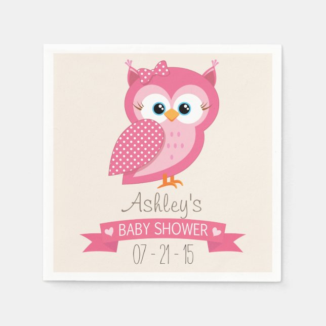 Pink & White Polka Dot Owl Baby Shower Napkin (Front)