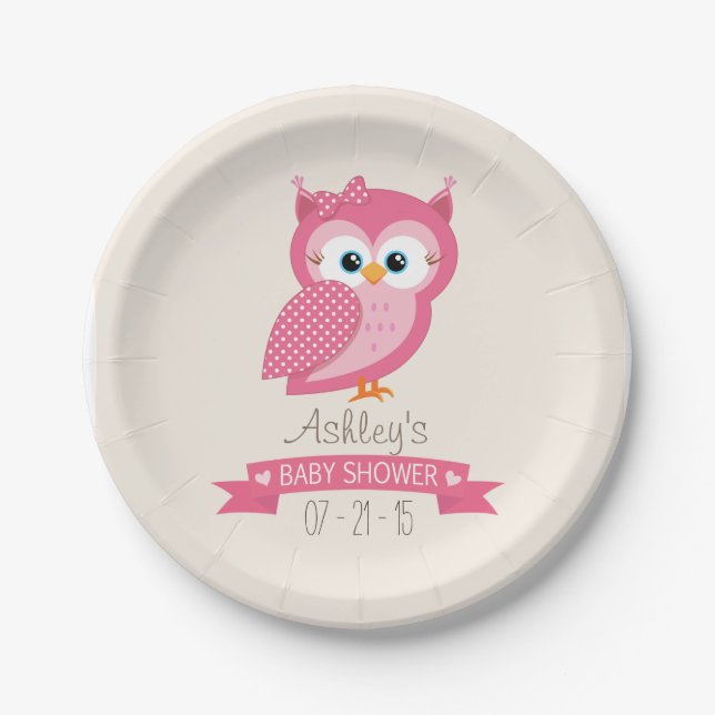 Pink & White Polka Dot Owl Baby Shower Paper Plate (Front)
