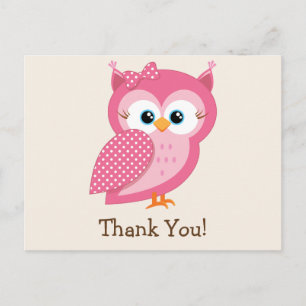 Pink & White Polka Dot Owl Thank You Postcard