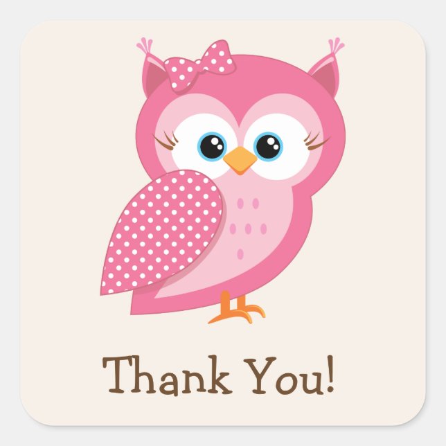 Pink & White Polka Dot Owl Thank You Square Sticker (Front)