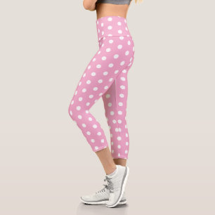 PINK WHITE POLKA DOT SIMPLE STYLISH MODERN GYM CAPRI LEGGINGS