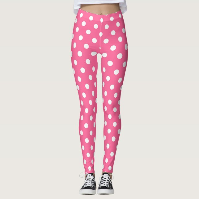 Pink White Polka Dots Design Leggings (Front)