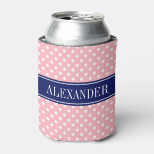 Pink White Polka Dots Navy Name Monogram Can Cooler