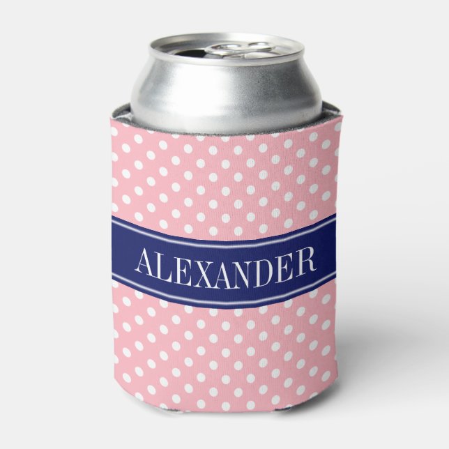 Pink White Polka Dots Navy Name Monogram Can Cooler (Can Front)