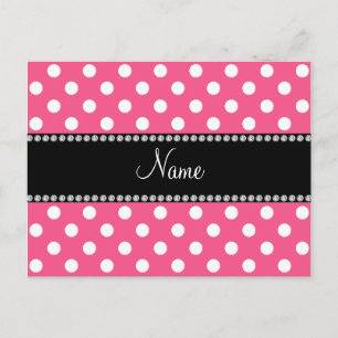 Pink white polka dots personalised name postcard