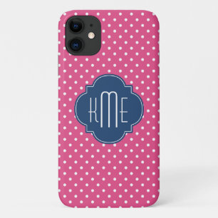 Pink White Polka Dots Quatrefoil Monogram iPhone 11 Case
