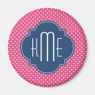Pink White Polka Dots Quatrefoil Monogram Magnet