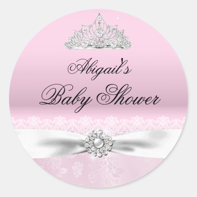 Pink & White Princess Tiara Baby Shower Sticker (Front)