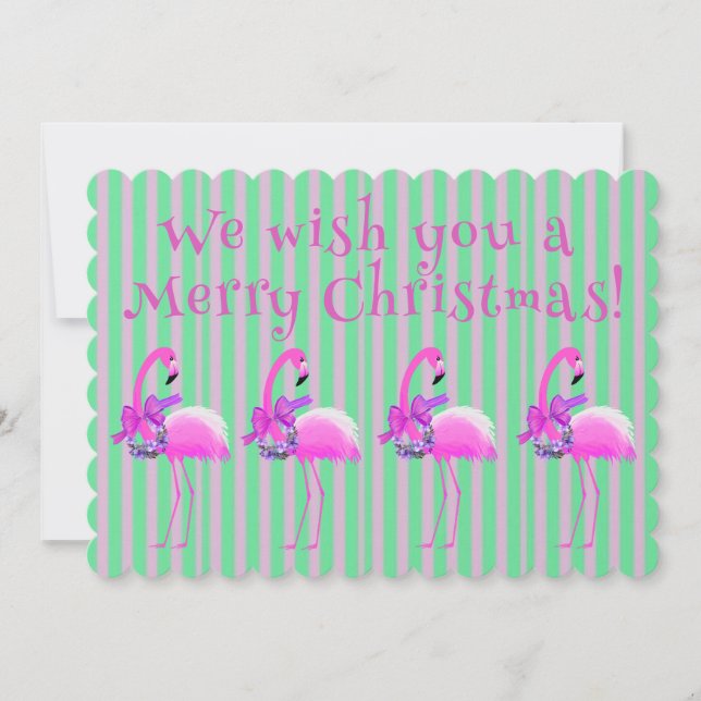Pink White Purple Christmas Flamingos Personalised Holiday Card (Front)
