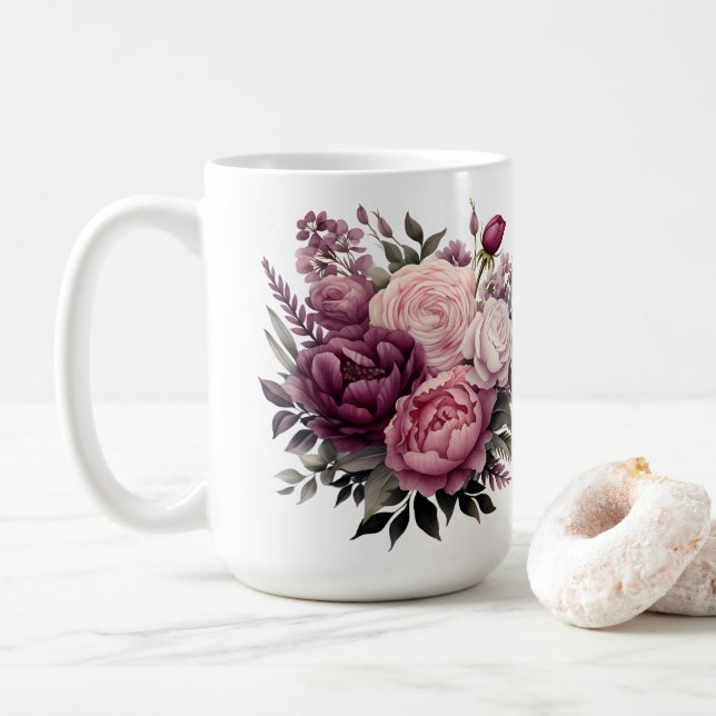 Pink White Purple Rose Peonies Floral Flower  Coffee Mug (With Donut)