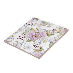 Pink White Purple Watercolor Wildflower Tile
